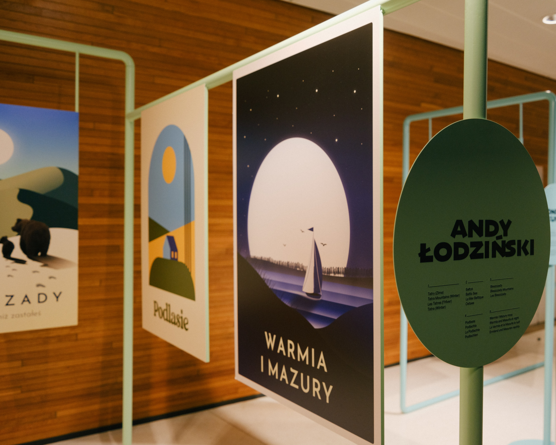Metal-shaped exhibitor with attatched posters - part of exhibition views from Poland