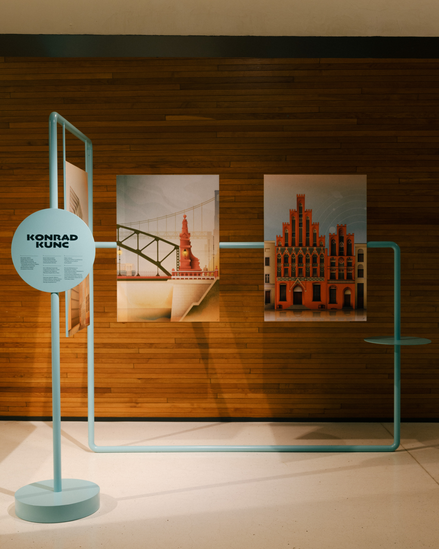 Metal-shaped exhibitor with attatched posters - part of exhibition views from Poland