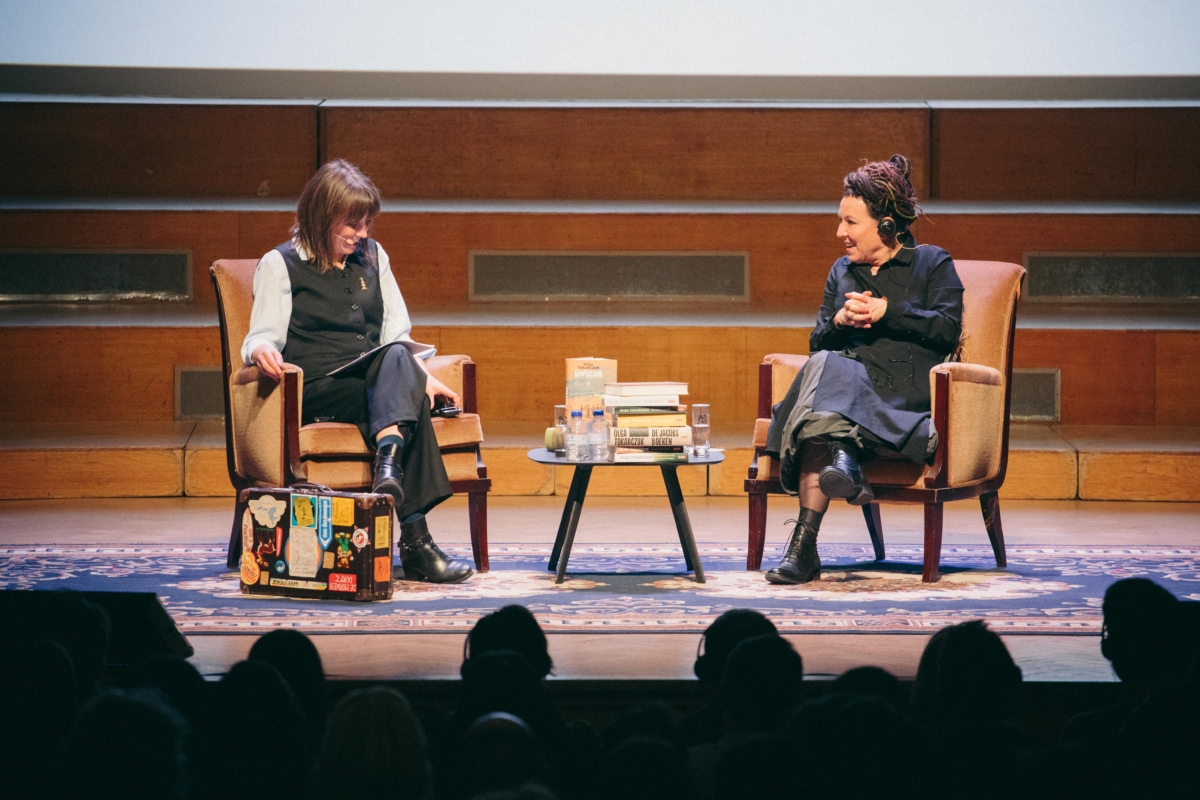 stage with Olga Tokarczuk and her prelegent