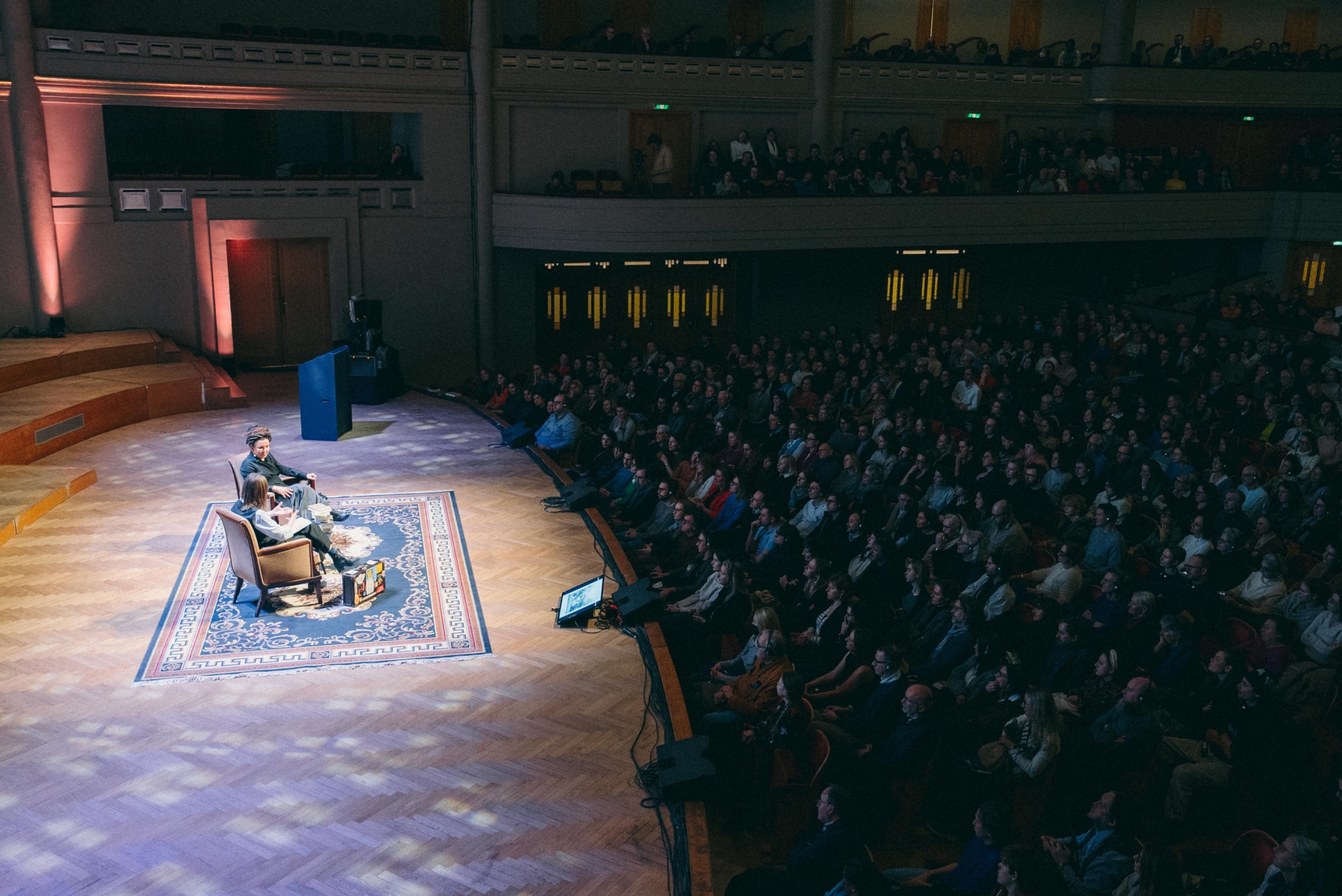 stage with Olga Tokarczuk and her prelegent, and fully filled audience